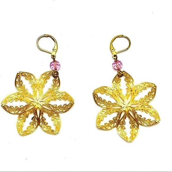Gold Lotus with Dark Amethyst Earrings - Picture 2 of 2